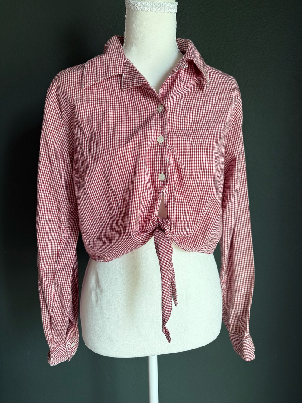Kathy Ireland Red Gingham Tie Front Crop Top Button Up 100% Cotton Small